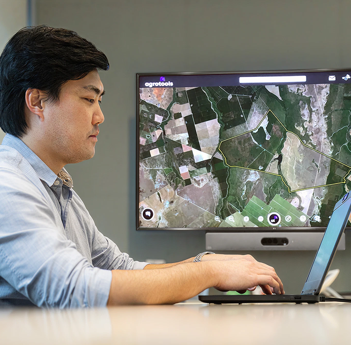 JBS staff member viewing agricultural information on a monitor